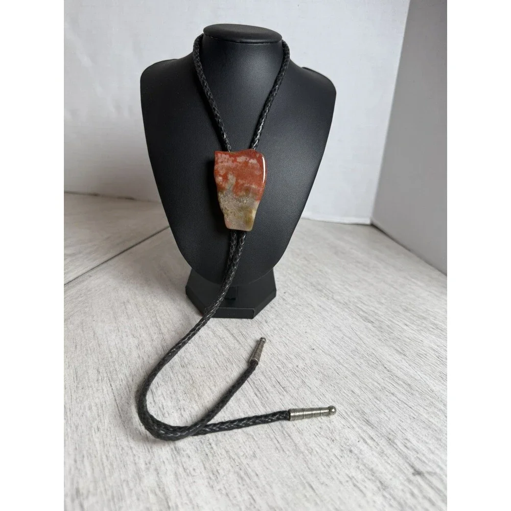 Handcrafted Natural Agate Jasper Stone Slab Bolo Tie Black Braided Leather Cord